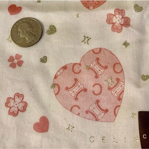 CELINE Cotton Scarf TRIOMPHE Logo White w/Pink Hearts 19" x 19" Kerchief w/Box - Picture 7 of 10